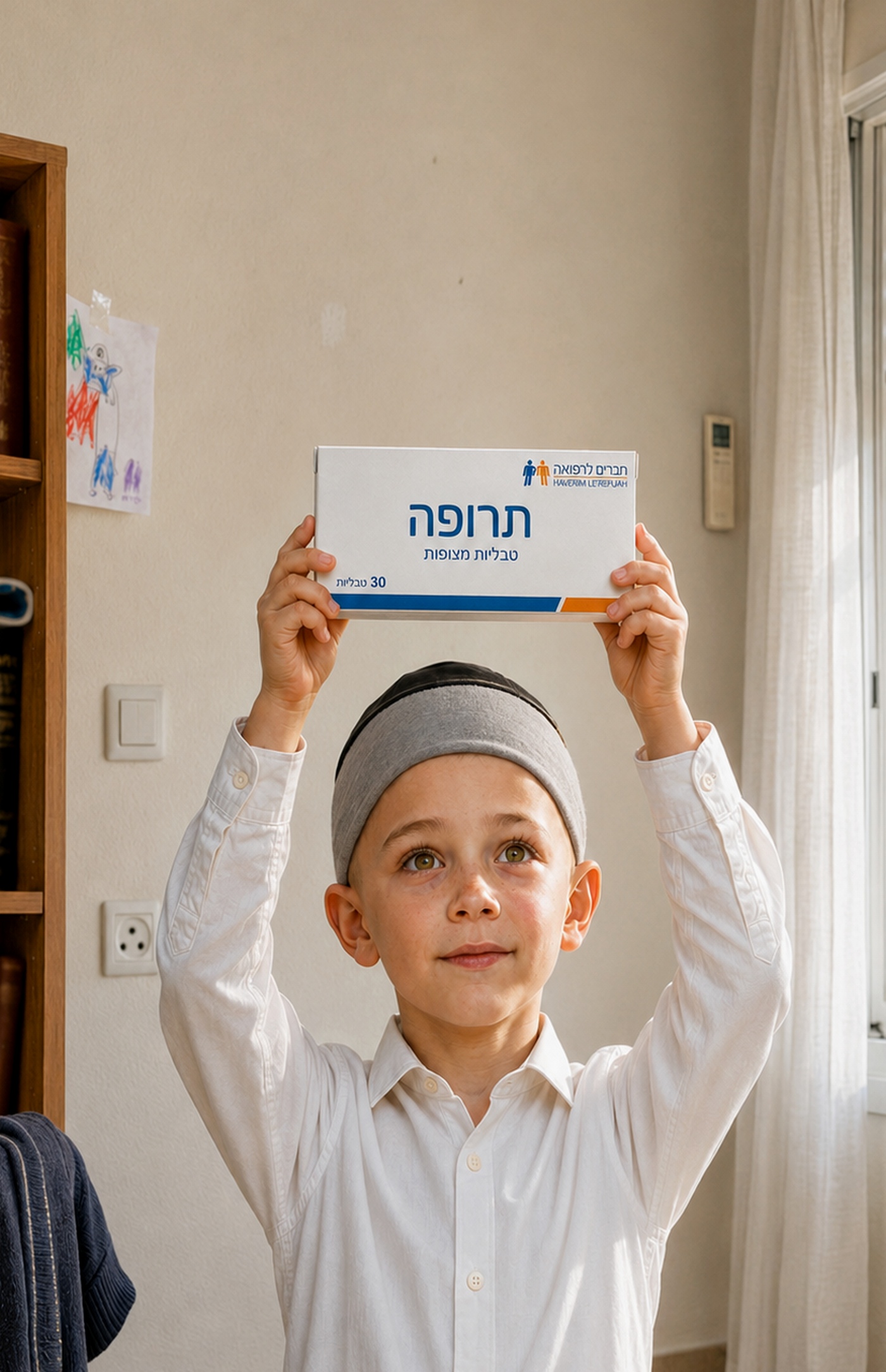 ילד מחזיק קופסת תרופה מעל ראשו לצורך המחשת פדיון כפרות מציל חיים